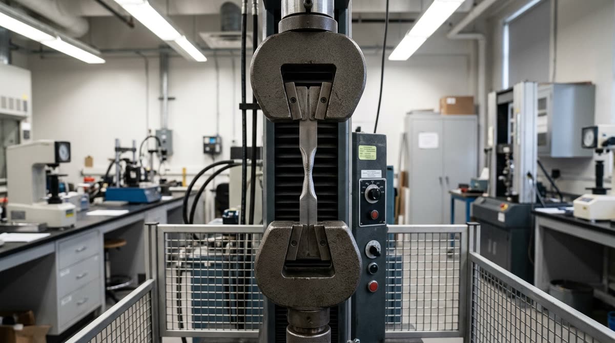 A metal test specimen clamped in the jaws of a tensile testing machine, narrowed at the middle as it starts to fail.